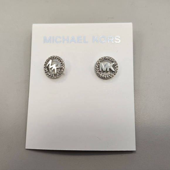 Michael Kors Jewelry - NWT Michael Kors Silver-Tone Pave Crystal MK Logo Stud Earrings